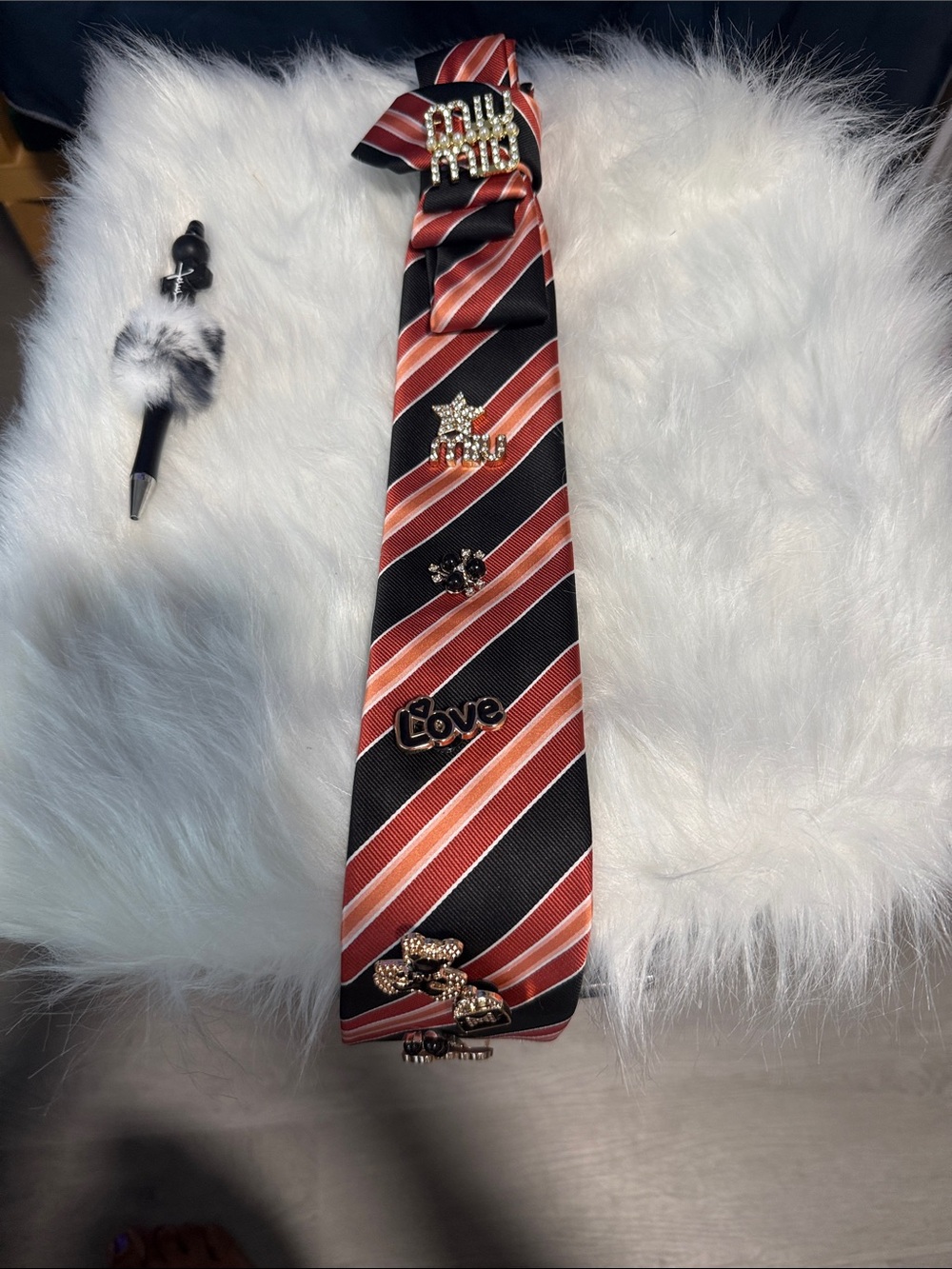 Striped Black and Red Junk  Fashion Tie with Embellishments